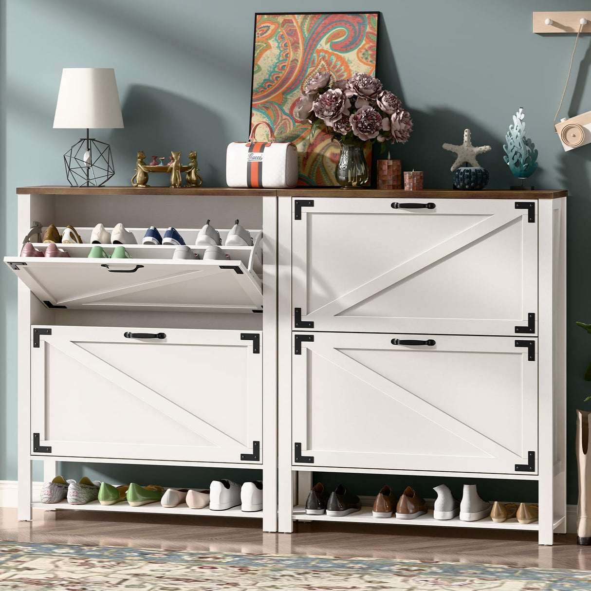 Halitaa Shoe Cabinet with 2 Flip Drawers, 5 Tier Farmhouse Shoe Storage Cabinet for Entryway, Narrow Slim Shoe Cabinet, Rustic White Freestanding Hidden Wooden Shoe Rack Cabinets Halitaa