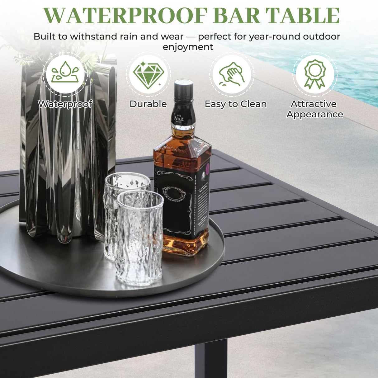 ONLYCTR Outdoor Bar Table, Patio Counter Height Bar Table, 47" Rectangle Bar Table for Patio, Garden, Yard, Balcony, Poolside (Black, 47'') ONLYCTR