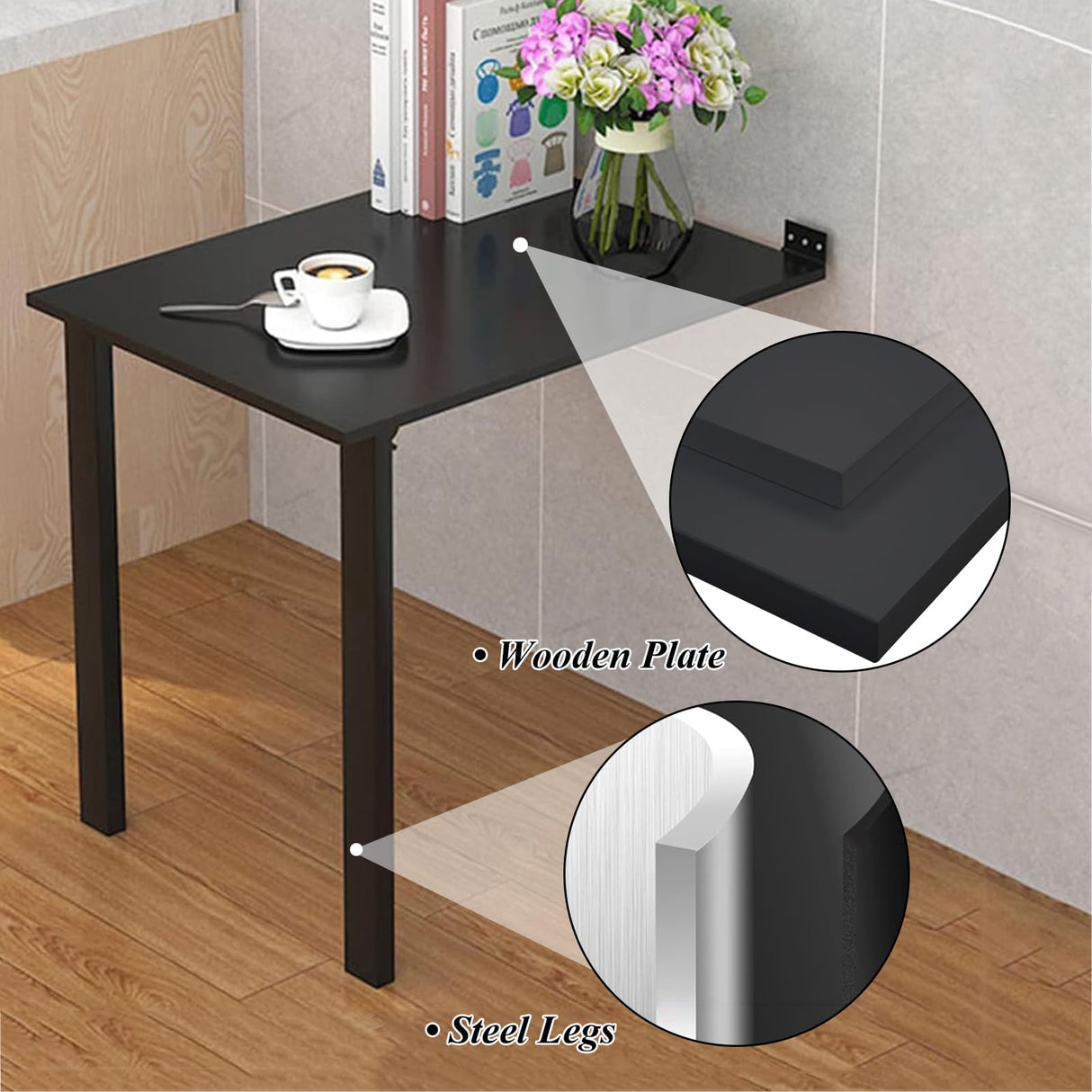 HZLCMPY Wall Mounted Folding Table, Flip-up Dining Table Wood Drop-Leaf Desk with Support Legs, L29 x W17.7 x H29.5 Inch, Kitchen Laundry Room Restaurant Office Wall Table (Black) HZLCMPY