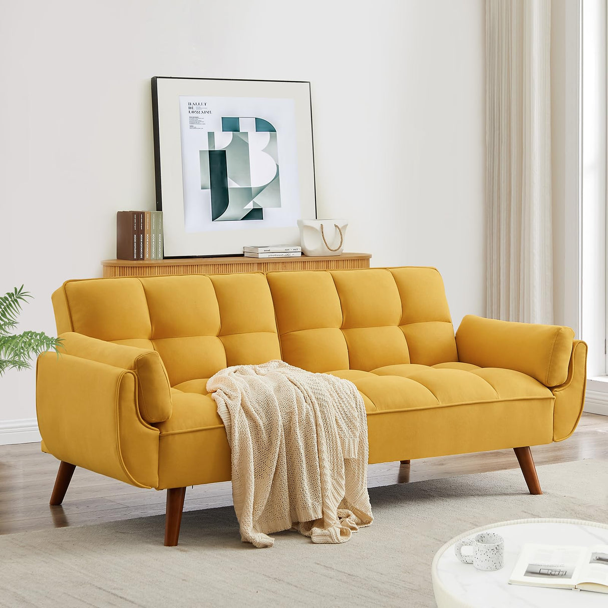 Homies Life Convertible Futon Sofa Bed, Linen Sleeper Couch, 75" W Modern 3 Seater Tufted Sofa with Adjustable Backrests and Solid Wood Legs for Small Spaces, Living Room, Bedroom, Golden Yellow Homies Life