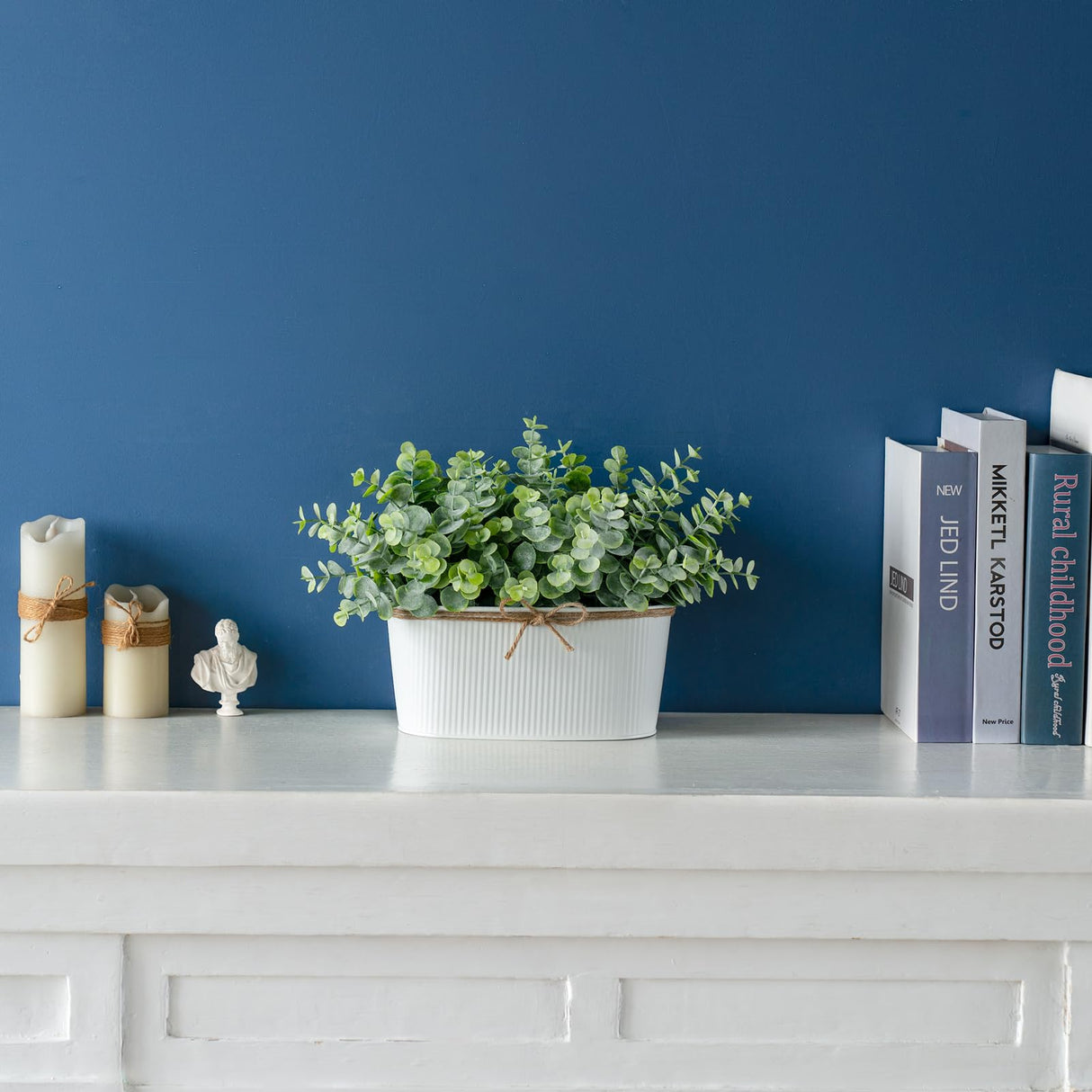 Dahey Artificial Eucalyptus Faux Plants Indoor for Farmhouse Home Decor Fake Potted Plants in Rustic Rectangular Pots Table Centerpiece for Office Bath Living Room Greenery Decor, 7" L x 4" H Dahey