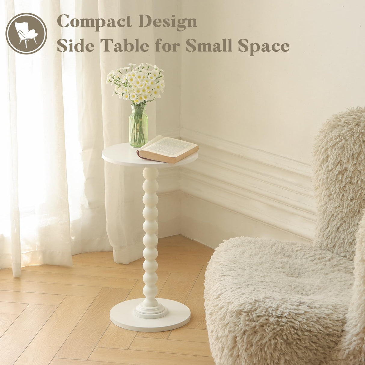 Fultyle Round Side Table, Small Drink Table for Small Spaces, Modern Accent End Table Coffee Table with Solid Wood Leg for Living Room, Bedroom, Corners, and Office (White) Fultyle