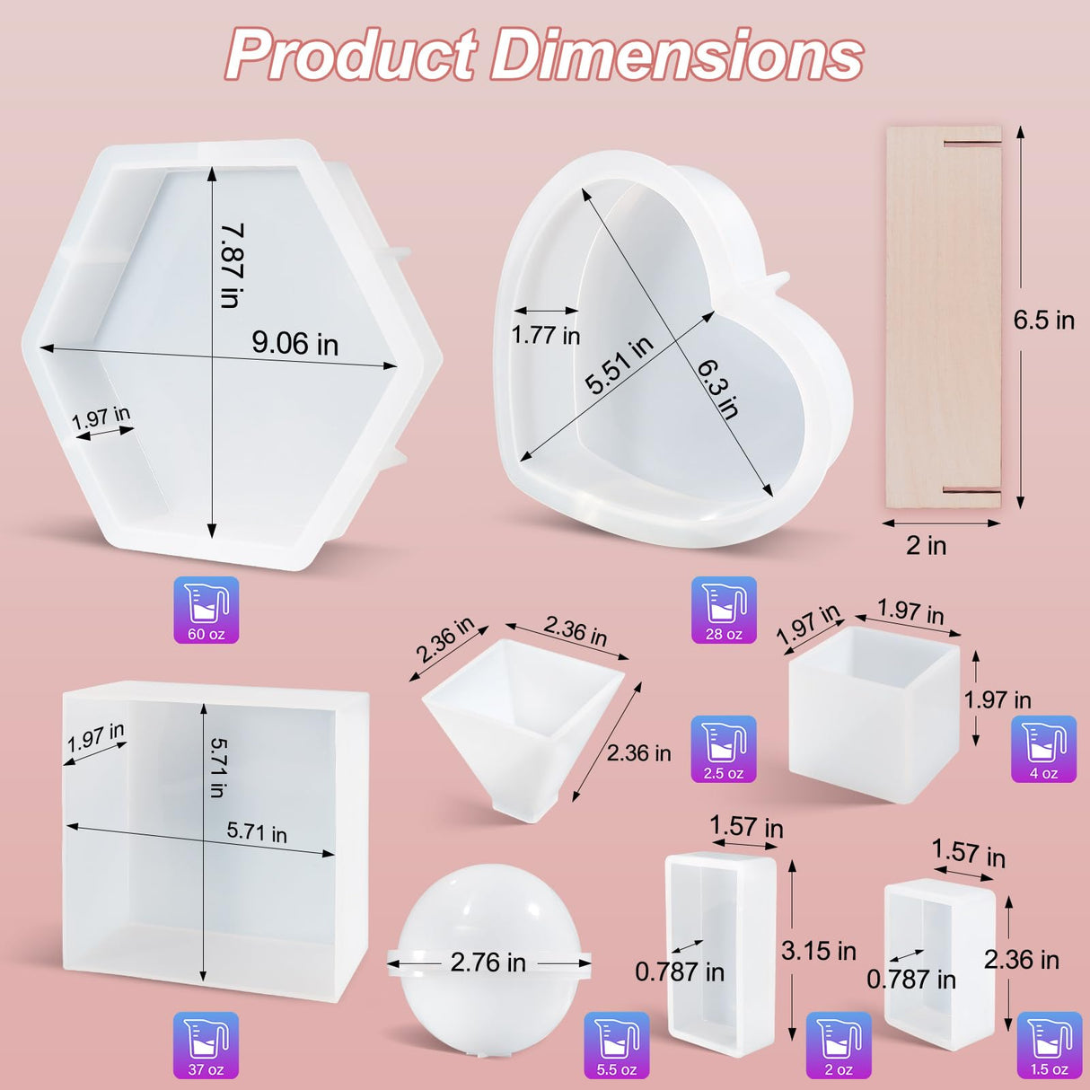 LET'S RESIN 8Pcs Resin Molds Silicone,Deep Epoxy Resin Molds for Flower Bouquet Preservation,Large Silicone Molds for Resin Casting Craft Including Square Hexagon Heart Resin Mold LET'S RESIN