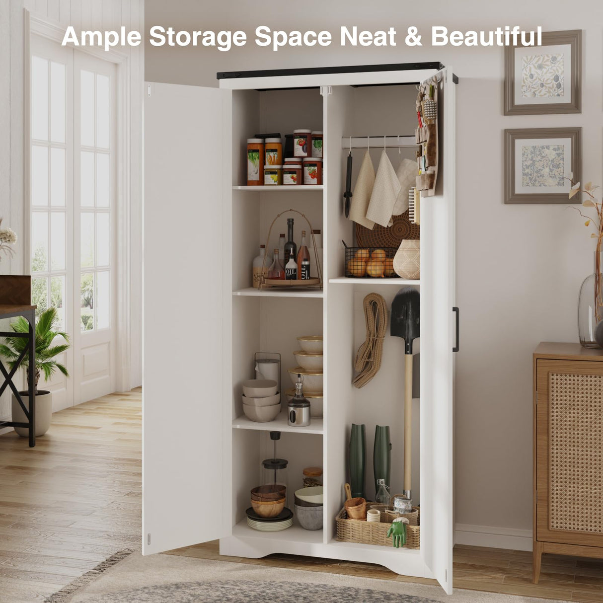 72''H Tall Kitchen Pantry with 2 Barn Doors, Farmhouse Storage Organizer with Adjustable Shelves, Tall Freestanding Cabinet for Kitchen, Dining/Living/Utility Room/Bathroom/Garage, White Vabches