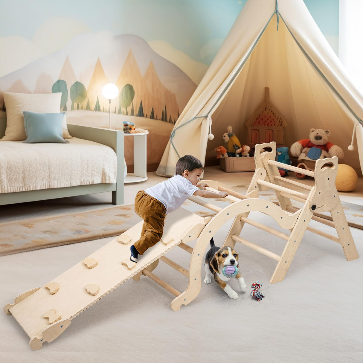 NEOCOZY Pikler Triangle Set with Cushion, Arch and Slide, Toddler Climbing Toys Indoor Playground, Montessori Climbing Set, Indoor Jungle Gym, Wooden Pickler-3 Piece Climbing Gym for Kids 1-4yr NEOCOZY