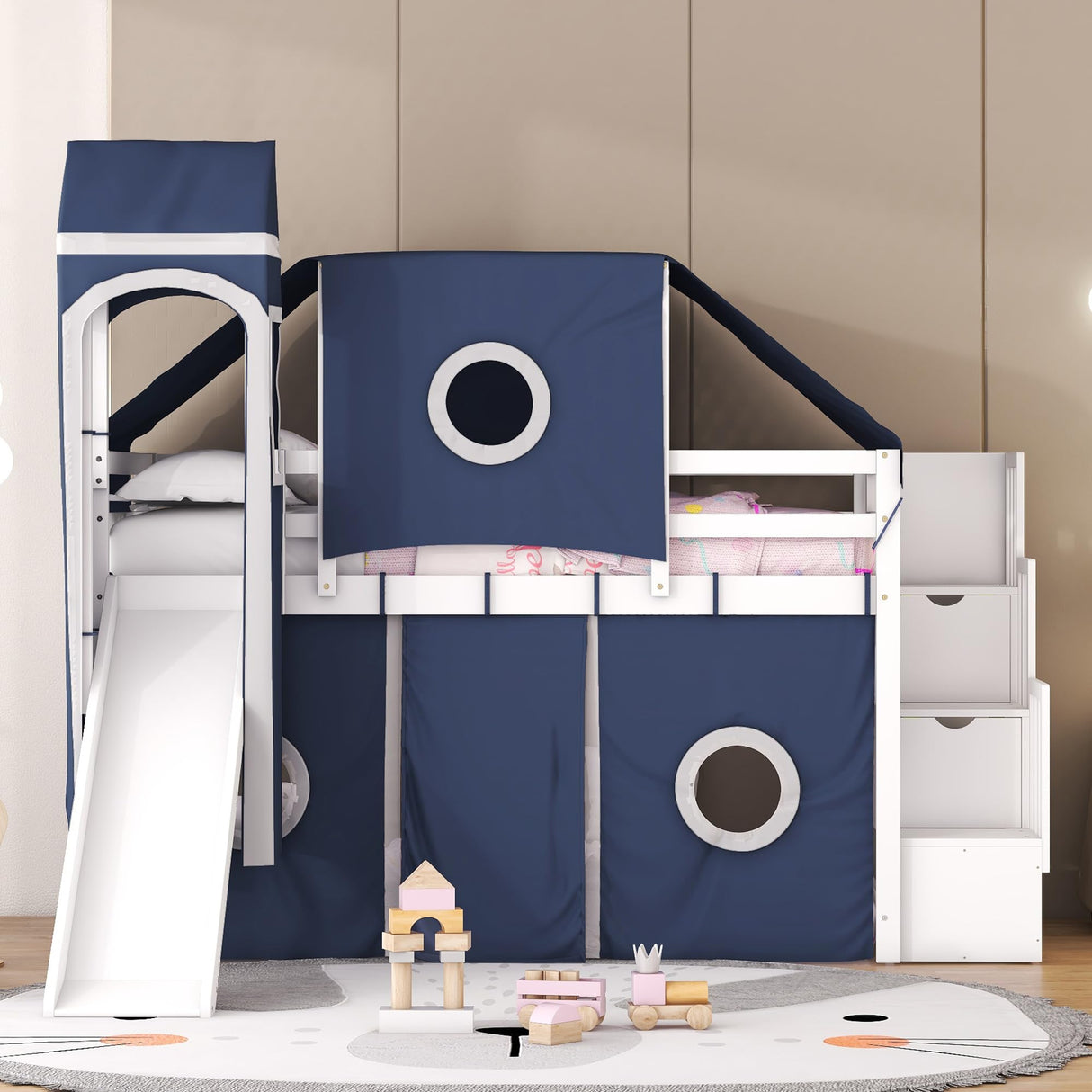 Harper & Bright Designs House Loft Bed with Slide and Storage Stairs, Wood Kids Loft Bed with Tent and Tower, Playhouse Loft Bed Frame for Kids, Teens (Twin Size, Blue) Harper & Bright Designs