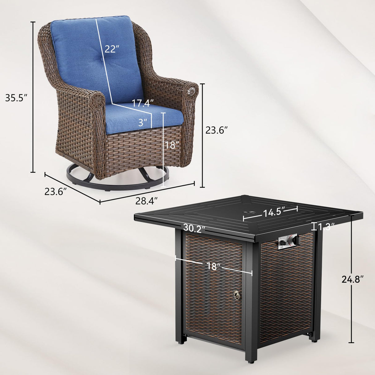 Bellefurn Patio Resin Wicker Furniture Set with Fire Pit Table, PE Rattan Swivel Patio Chairs with Propane Fire Pit Table, Brown Wicker 5PCS Patio Conversation Set Bellefurn