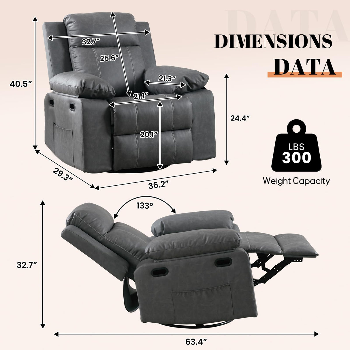 Massage Recliner Chair for Adults,360 Degree Manual Swivel Rocker Recliner with Heat and Vibration,PU Leather Glider Rocking Reclining Chair for Home Theater Seating,Lounge,Nursery,Living Room(Grey) JEEOHEY