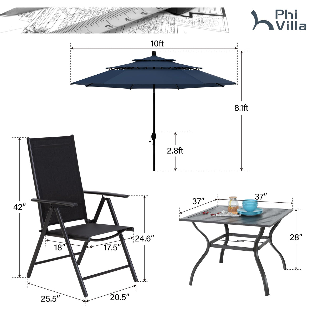 PHI VILLA 5 Piece Outdoor Dining Set with 10ft Umbrella (Navy Blue), Patio Table and Chairs for 4 with Lightweight Folding Dining Chairs & Metal Square Dining Table for Yard, Garden and Deck PHI VILLA