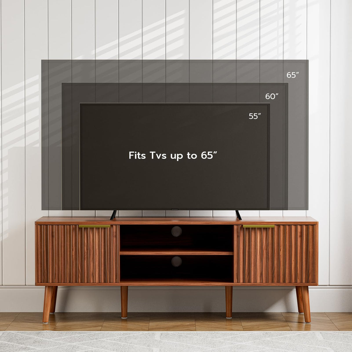 TV Stand for Living Room, Mid Century Modern Entertainment Center for 55/60/65 inch TVs, TV Console with Fluted Door Cabinets and Open Shelves, for Bedroom, Walnut LCRBOL