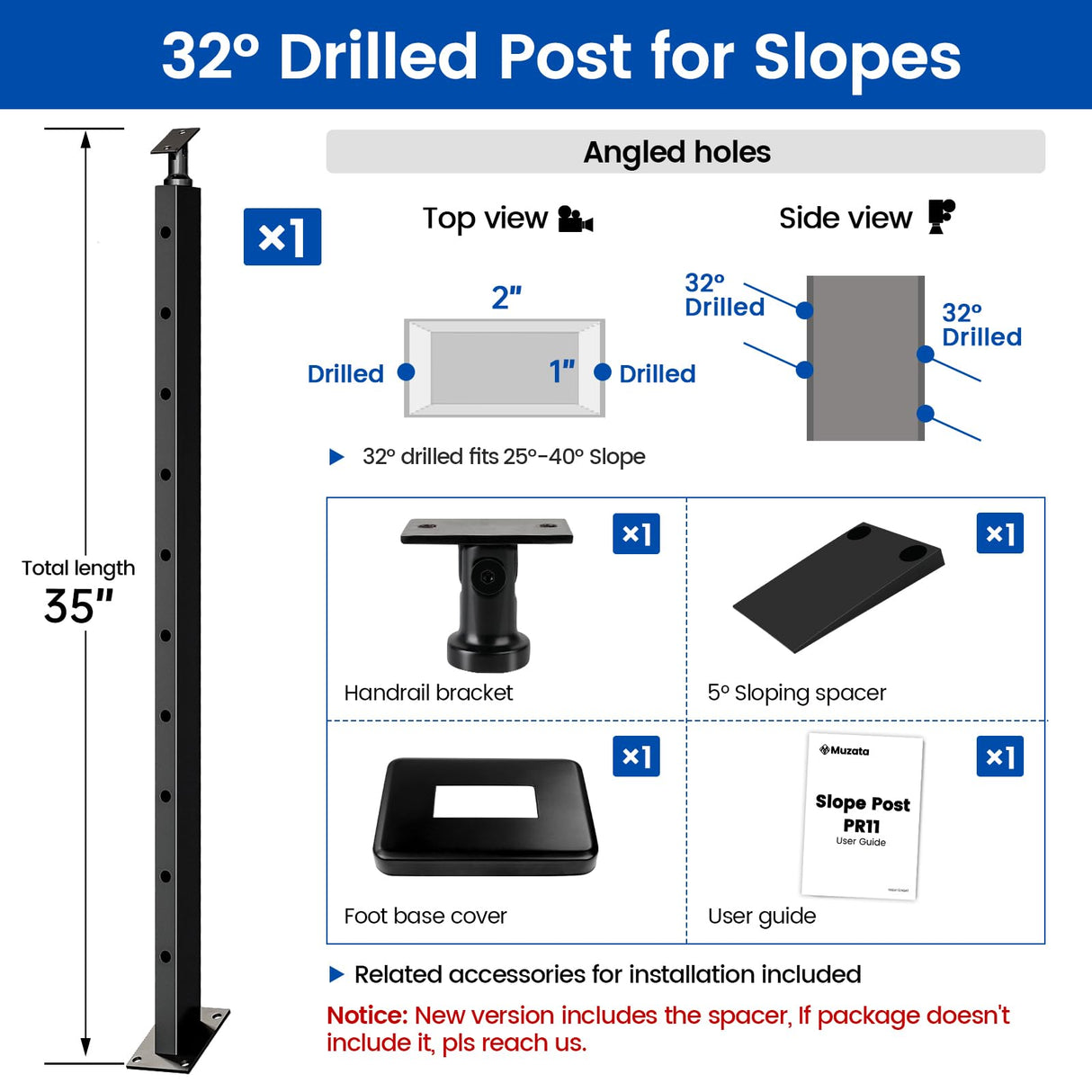 Muzata Black Slope Cable Railing Post 36 Inch for 25-40 Degrees Slope 36"x1"x2" T304 Stainless Steel Cable Railing System Kit Indoor Outdoor with User Guide and 5 Degree Spacer PR11 BA4S Muzata