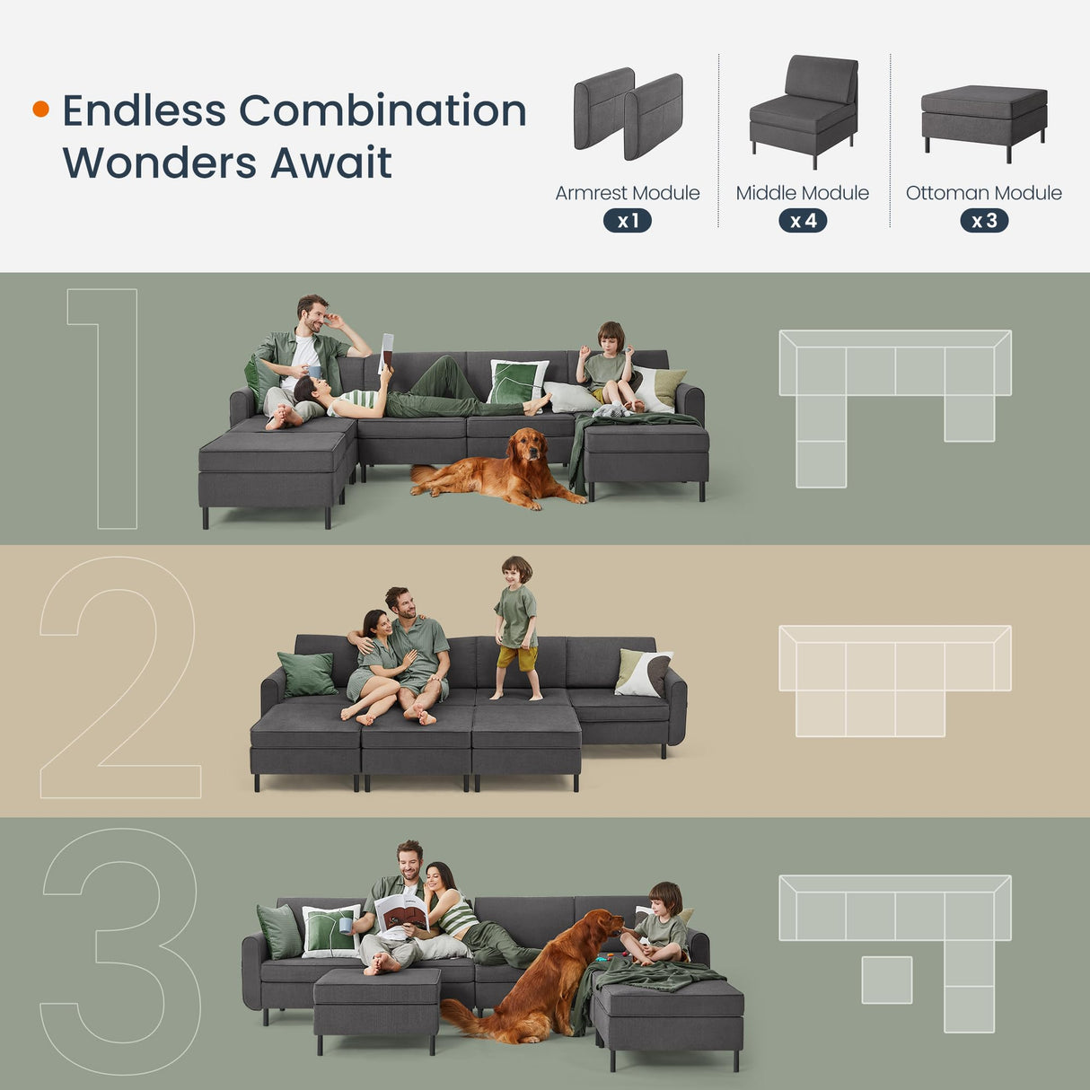 SONGMICS HOME Modular Sectional Sofa, Convertible 7-Seat U-Shaped Couch with Ottoman, Deep Seat, Sectional Couches for Living Room, Slate Gray ULCS065G01 SONGMICS HOME