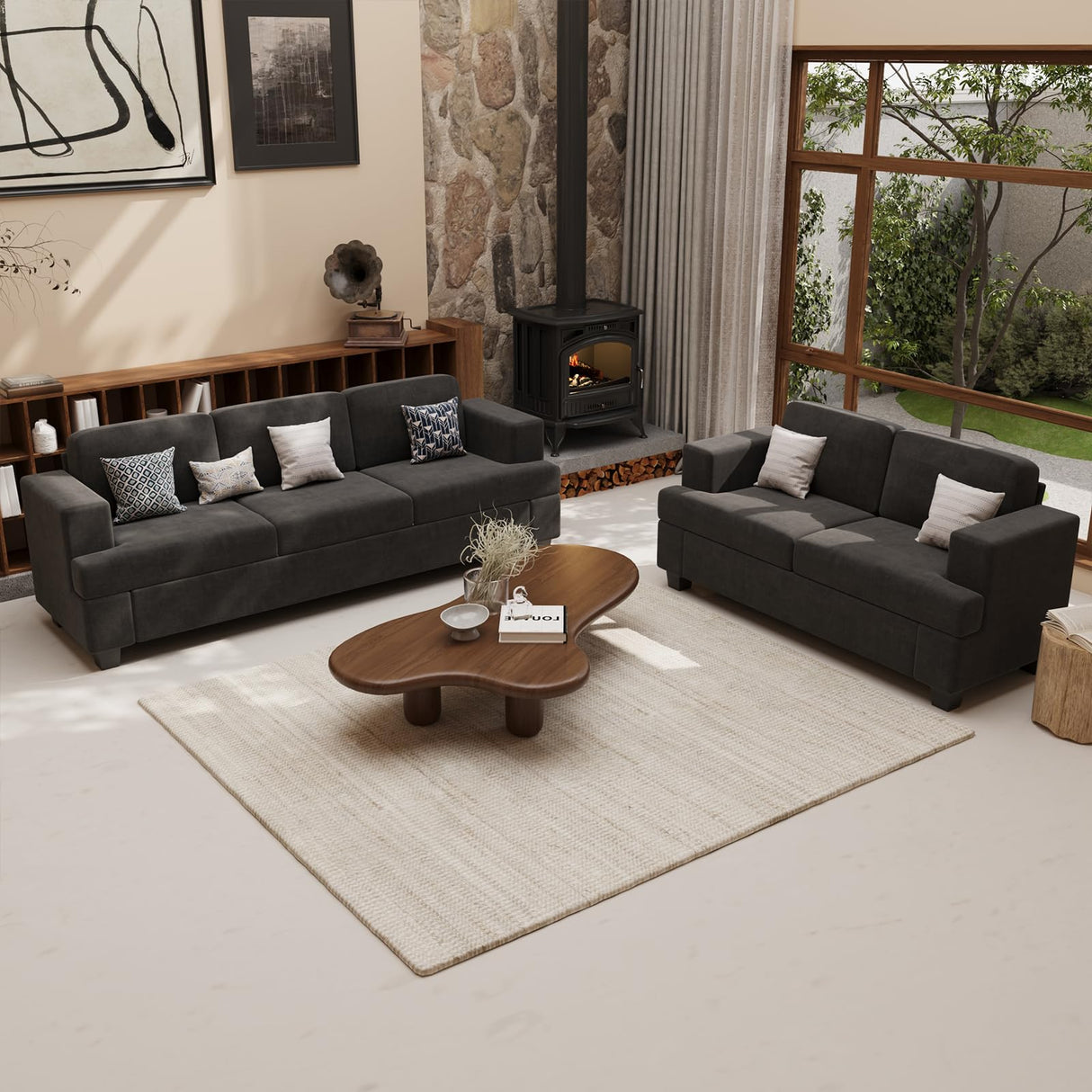 YOUDENOVA 2 Piece Set Comfy Sofa Couch, 3 Seater & Loveseat Sofa with Deep Seats, Modern Sleeper Couch for Living Room, Dark Grey Chenille YOUDENOVA