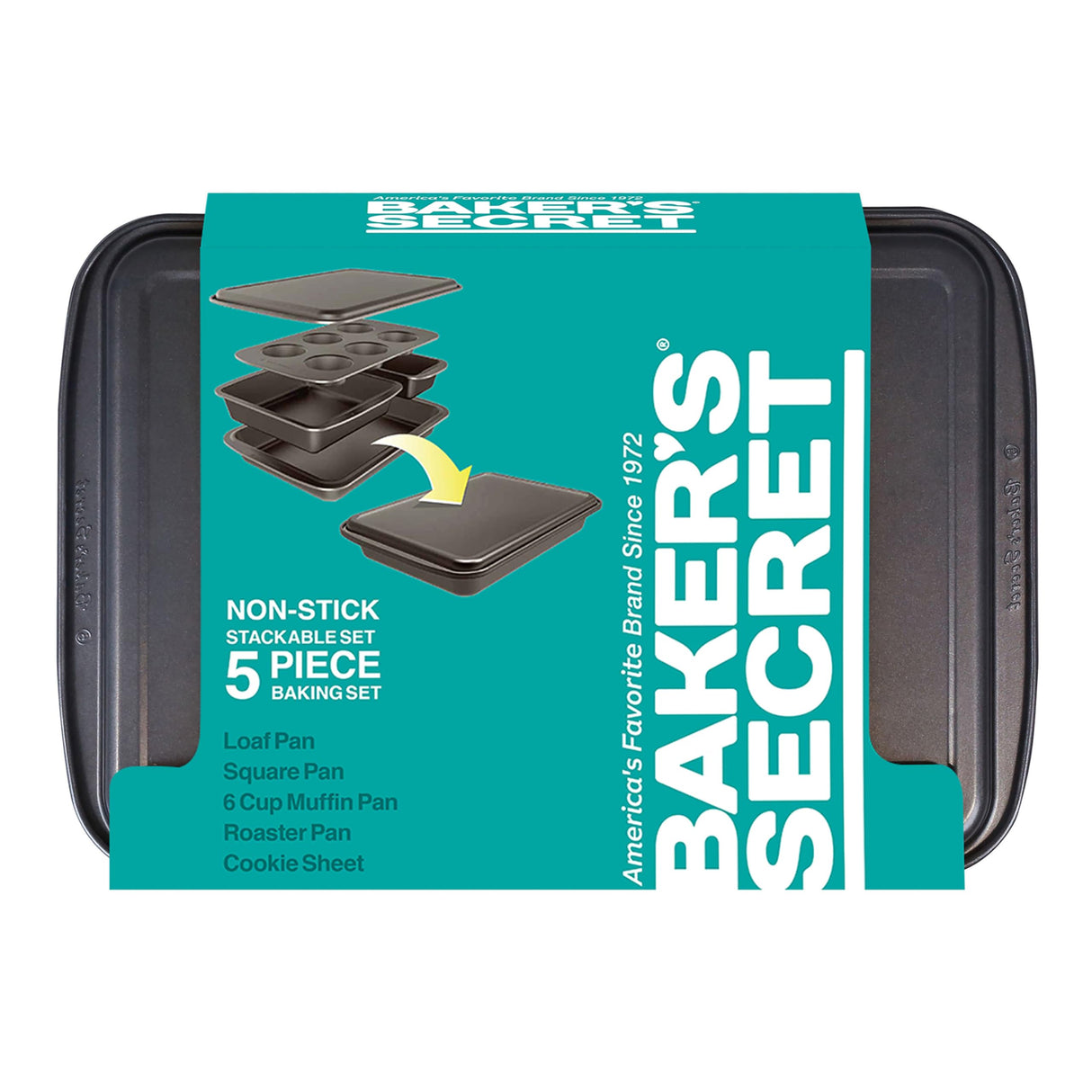 Baker's Secret Bakeware Sets Stackable Baking Set of 5 Bakeware Pans, Bakeware Set, Baking Pan Set, Muffin Pan, Roaster Pan, Square Pan, Cookie Sheet, Loaf Pan, Dishwasher Safe, PFOA PFOS PTFE Free Baker's Secret