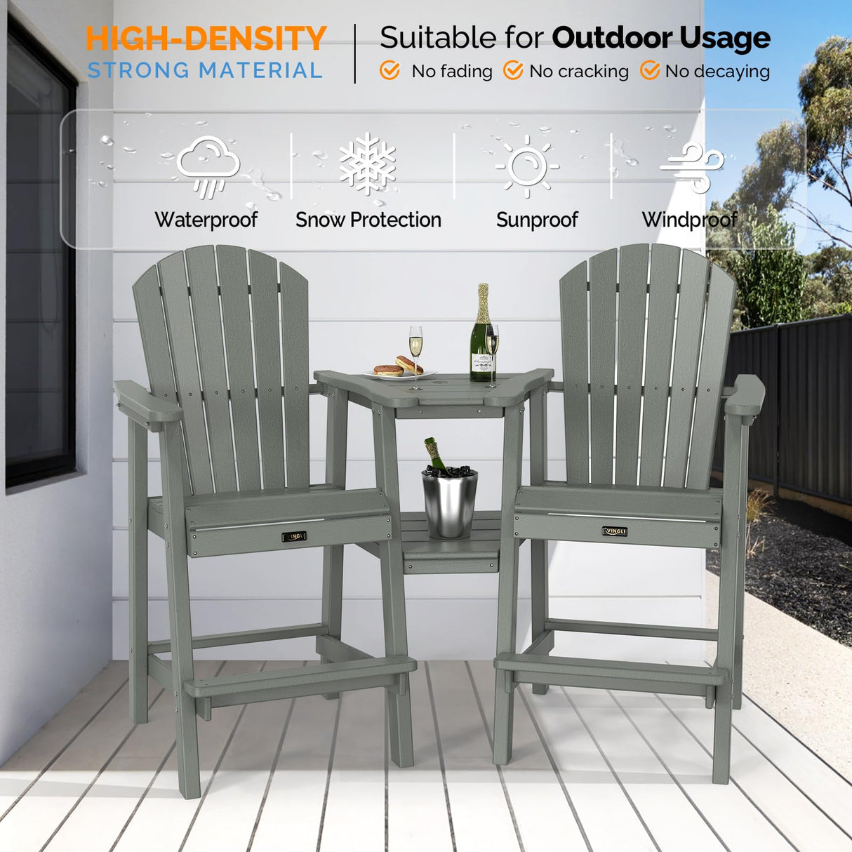 VINGLI Tall Adirondack Chairs Set of 2 with Removable Double Connecting Trays, HDPE Adirondack Bar Stools Poly Deck Chairs, 350LBS Capacity (Grey) VINGLI