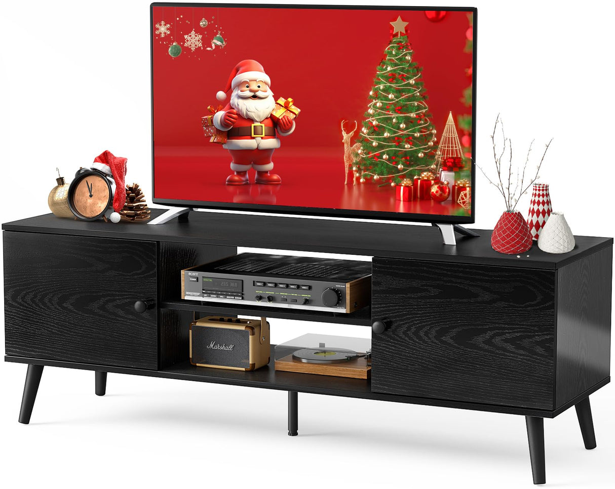 DUMOS TV Stand for 55 60 inch TV, Entertainment Center with Storage Cabinet, Mid Century Modern Media Console Table, Adjustable Hinge, Wooden Television Furniture for Living Room, Office - Black DUMOS