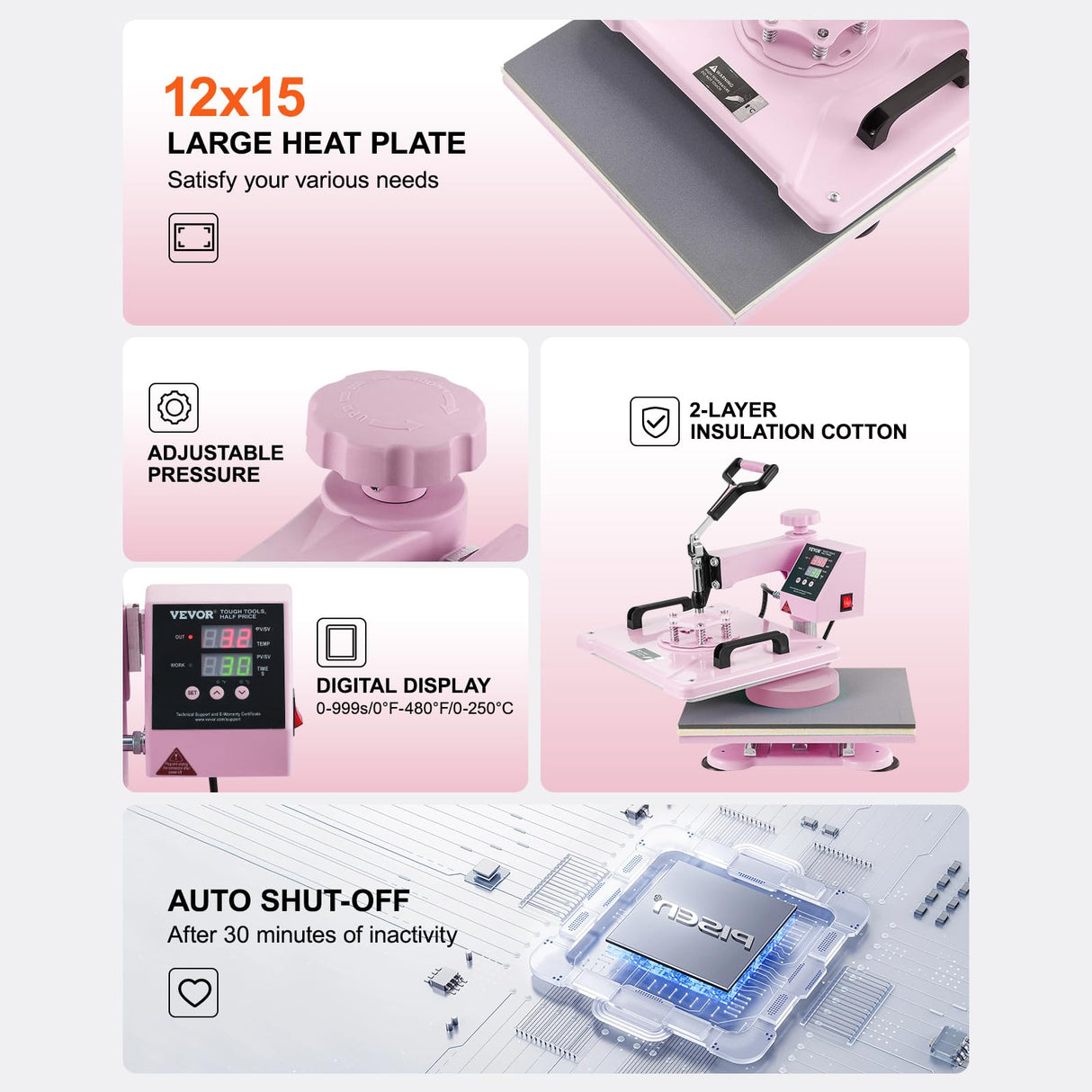 VEVOR Heat Press Machine 5 in 1 Combo with 30 OZ Tumbler Press & Hat Press, Slide Out 12x15 Inch Heat Press Sublimation Machine for T-Shirts, Hats Caps Tumblers Glass Cans Mugs, and Plates (Pink) VEVOR