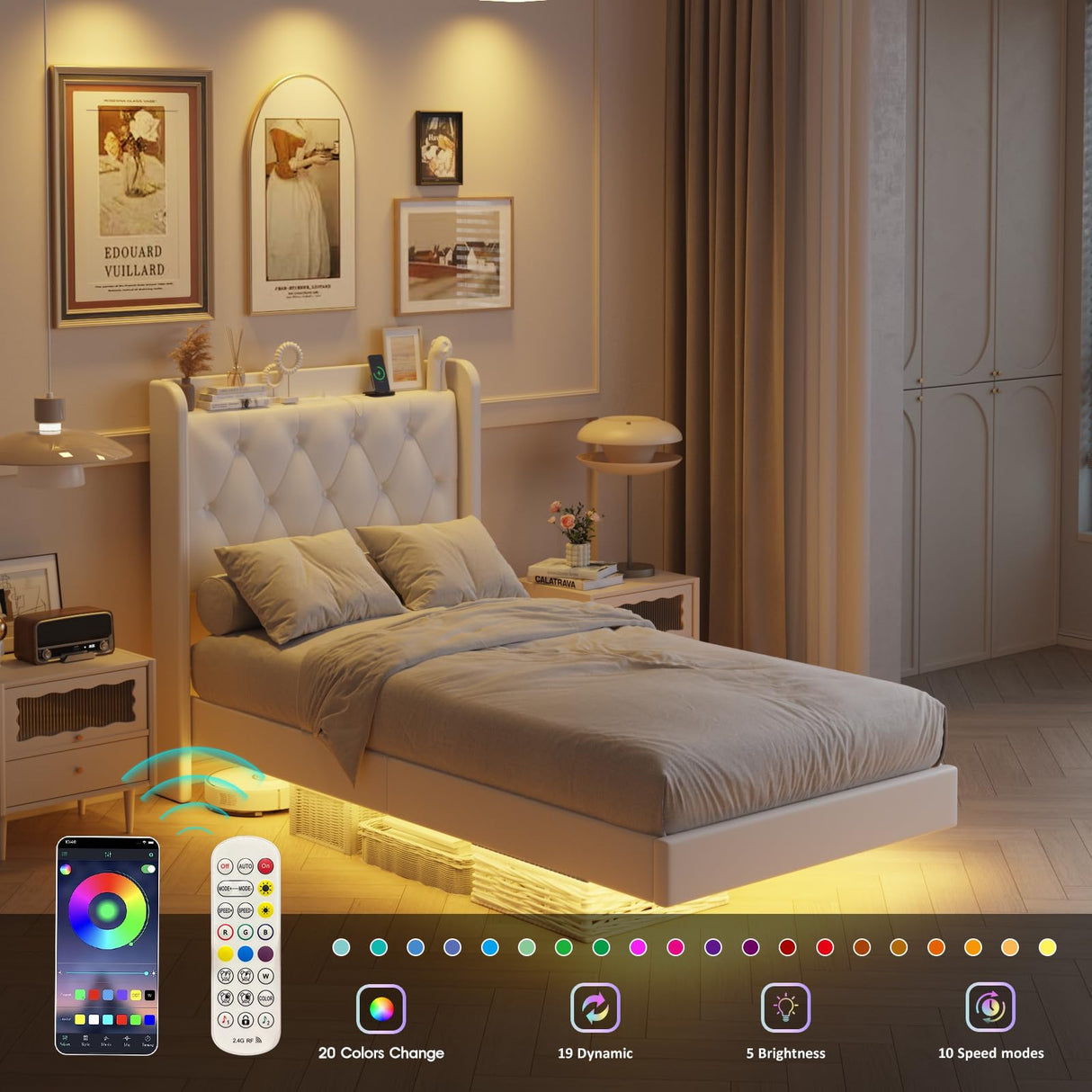 Halitaa Twin Size Floating Bed Frame with LED Lights & Charging Station, White Upholstered PU Leather Halitaa