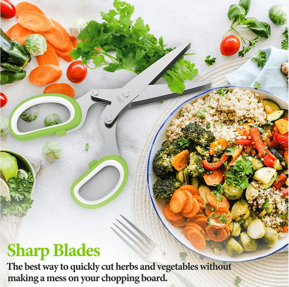 Herb Scissors, Kitchen Herb Shears Cutter with 5 Blades and Cover, Sharp Dishwasher Safe Kitchen Gadget – Green JOFUYU