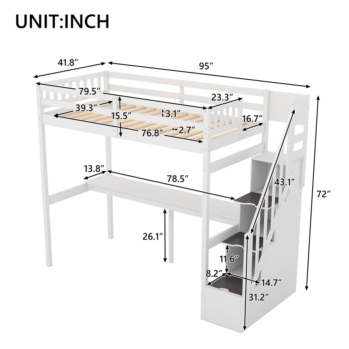 SOFTSEA Twin Loft Bed with Integrated Desk and Storage Stairs in White SOFTSEA