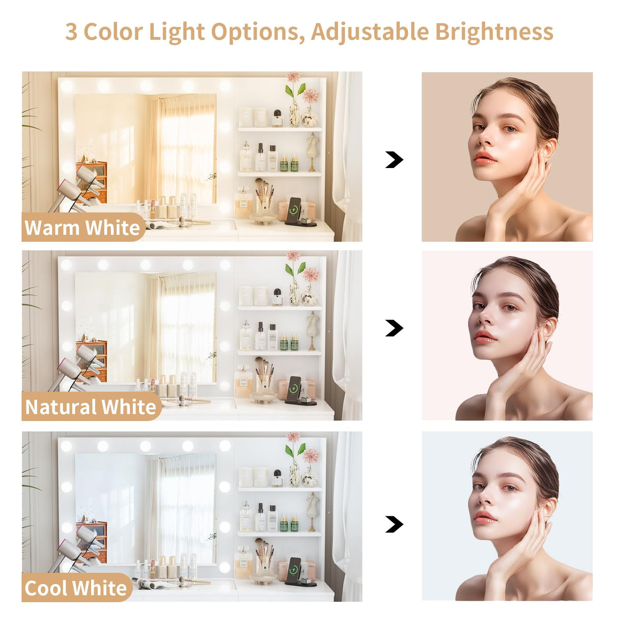 VOWNER Vanity with Lights - 47" Makeup Vanity Desk with Glass Top, 6 Drawers, 3 Storage Shelves and Outlet, 3 Color Lighting Modes with Adjustable Brightness, Makeup Desk with Stool for Bedroom, White VOWNER