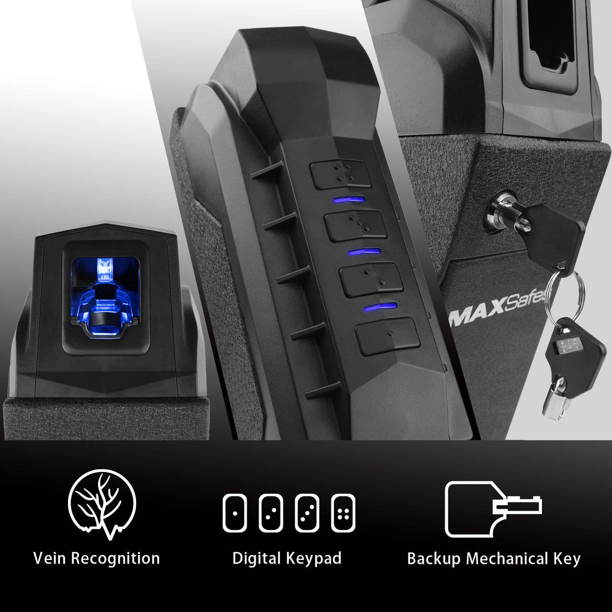 MAXSafes Gun Safe, Drop Down Handgun Safe with Super Biometric Finger Vein Recognition lock, 3 Ways Quick Access, Biometric Pistol Safe for Car, Nightstand, Wall Mount, Desk, Vehicle CA DOJ approved MAXSafes