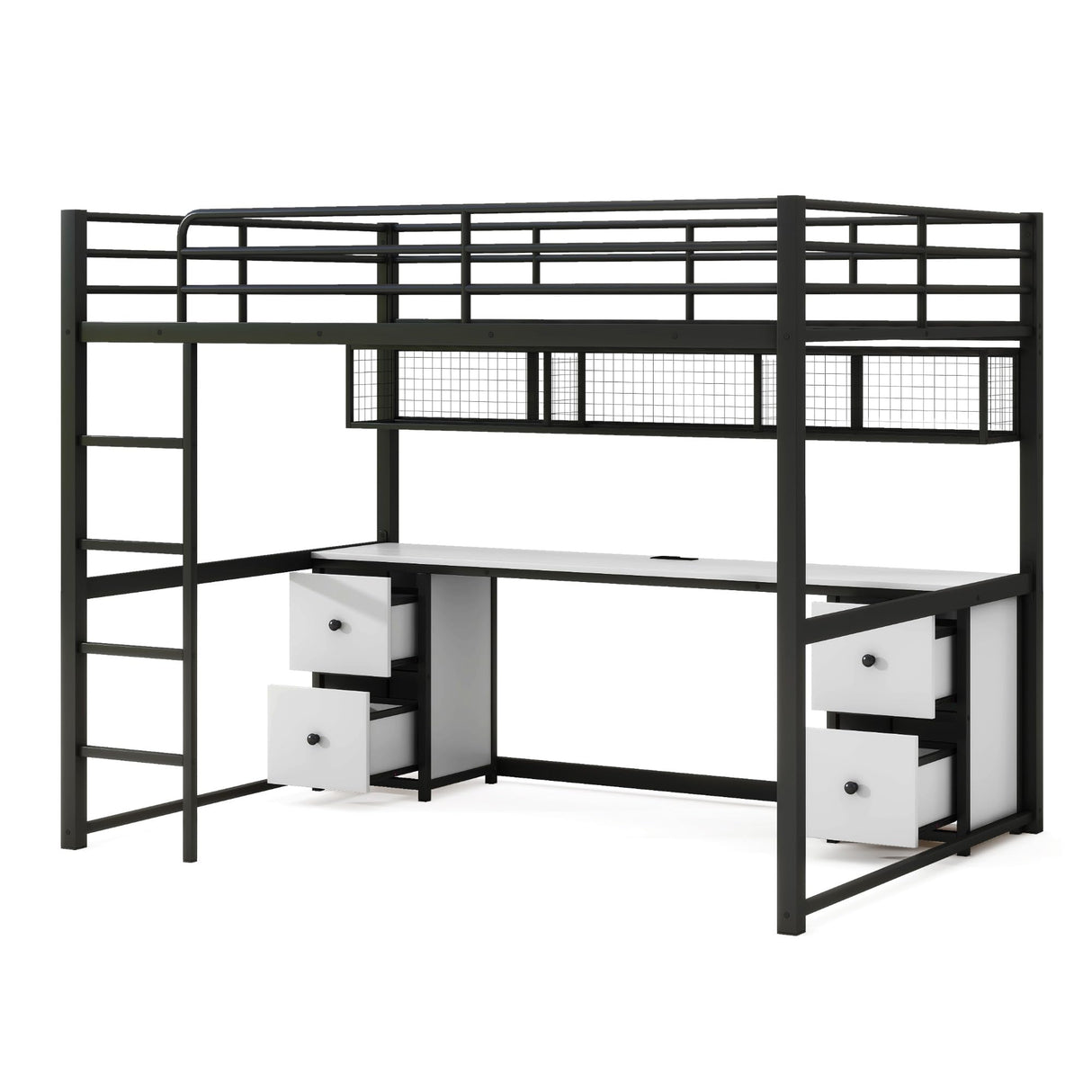 Ziraukon Full Size Loft Bed with Desk, Metal Loft Bed with 4 Drawers and Bedside Tray, Full Loft Bed Frame with Charging Station, USB and Socket, Black Ziraukon