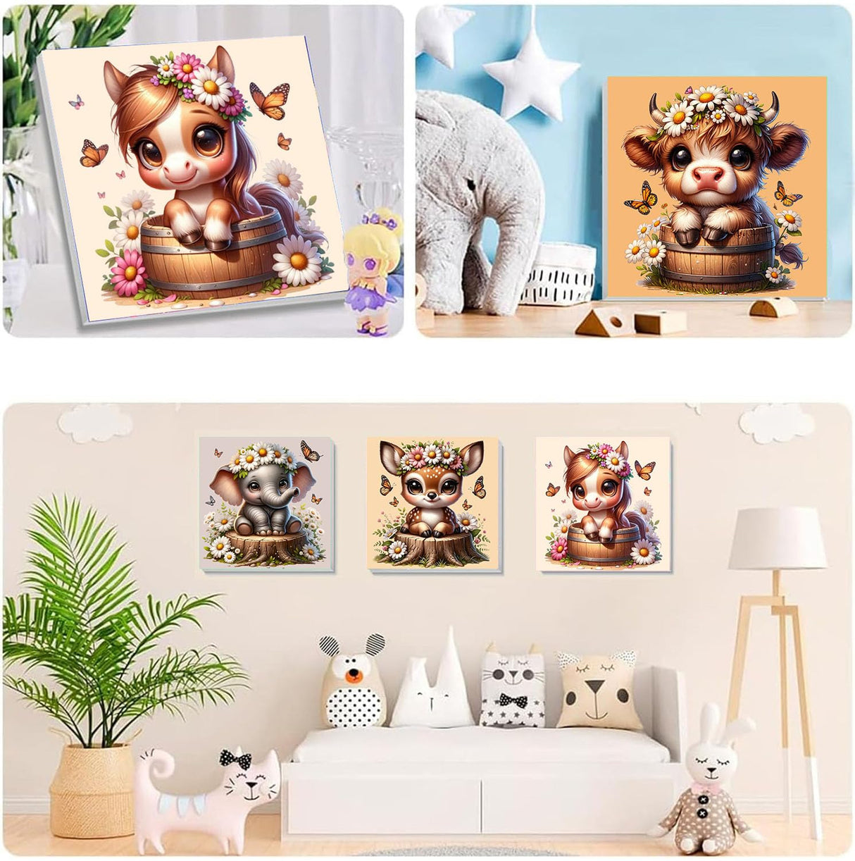 YarnWhimsy 4 Pack Paint by Numbers Kit for Kids with Frame- Animals Paint by Numbers for Kids Ages 4 8 12, Easy Elephants Horses Cows Deer DIY Acrylic Oil Painting Kits for Home Wall Decor(8X8inch) YarnWhimsy