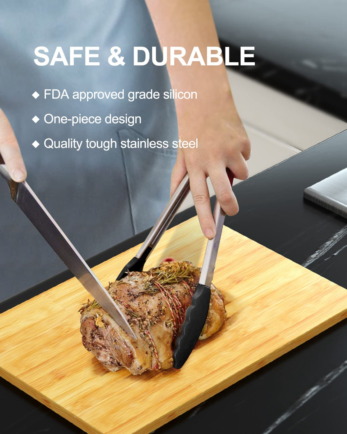 Bnlcd Kitchen Tongs, Premium Stainless Steel Locking Cooking Tongs with Silicone Tips, Non-Slip Food Tongs for Cooking, Heavy Duty, Non-Stick, 480℉, Set of 3-7" 9" and 12" Black Bnlcd