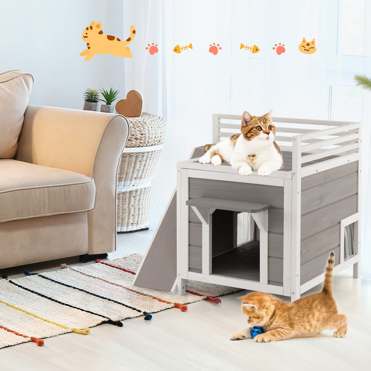 Tangkula 2-Story Outdoor Cat House, Feral Kitty Houses with Escape Doors, PVC Curtains, Cat Balcony, Cat Condo, Wide Side Ladder, Outdoor Indoor Cat Shelter Weatherproof for Home, Patio Tangkula