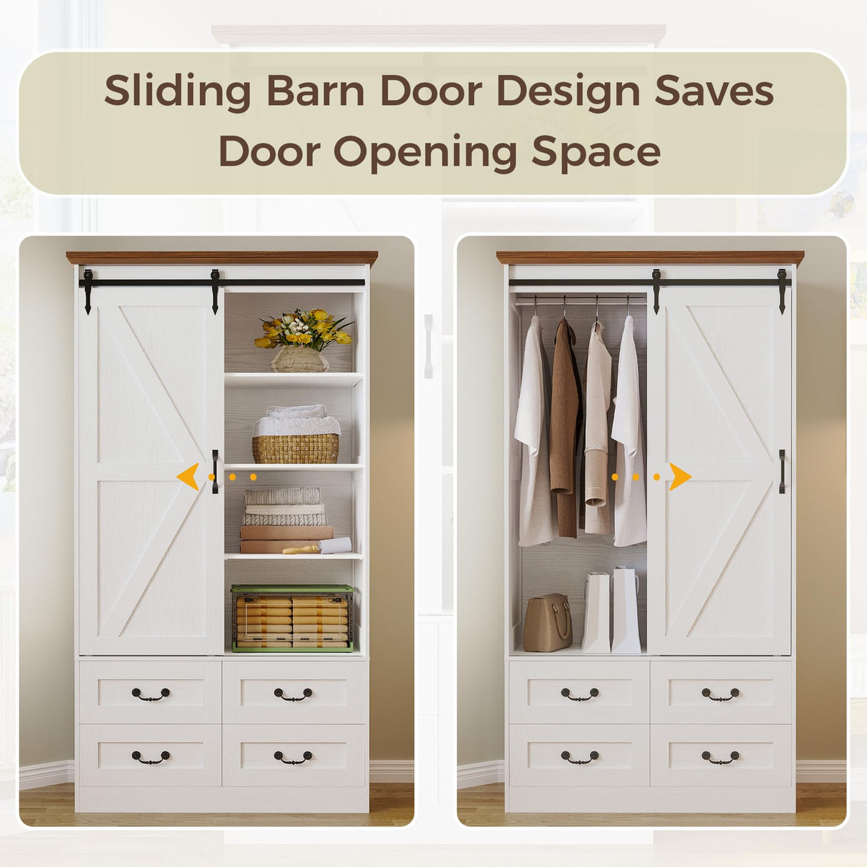 IRONCK Armoire Wardrobe Closet with 4 Drawers,71" Wardrobe Cabinet with Sliding Barn Doors, Tall Clothing Storage Cabinet with Hanging Rod and Shelves for Bedroom, White IRONCK