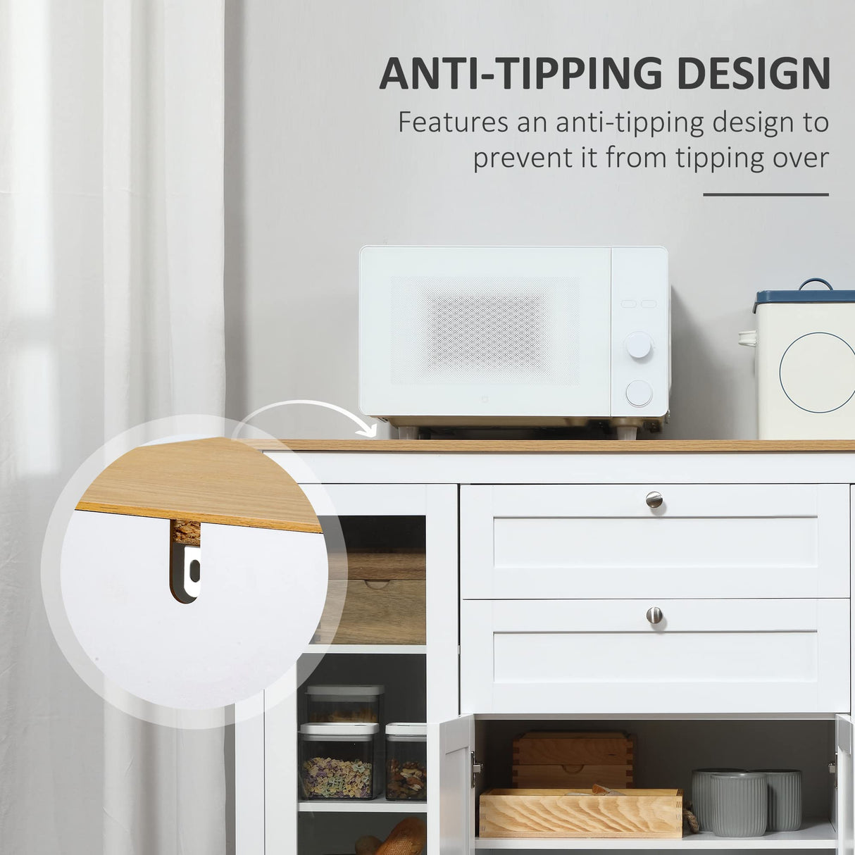 HOMCOM 47" Sideboard, Buffet Cabinet with Rubber Wood Top, Glass Door, Coffee Bar Cabinet, Kitchen Cabinet with Drawers, Adjustable Shelving for Living Room, White HOMCOM