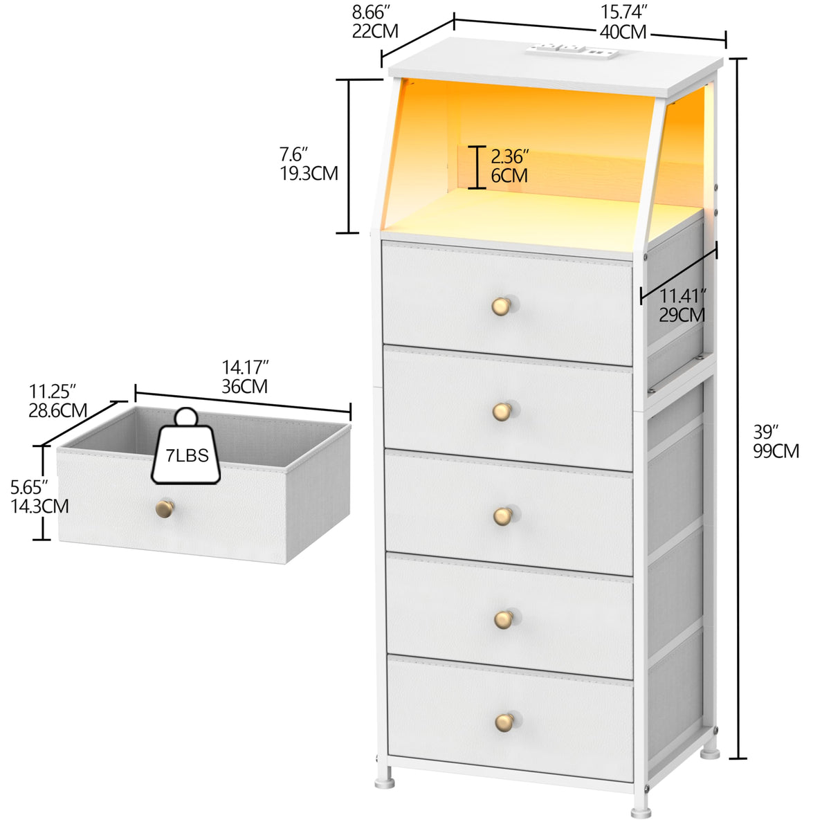 Tohomeor Dresser with Fabric Drawers Nightstand with 2 Tier Shelf Storage Tower for Bedroom Hallway Entryway Closet Organizer Sofa Beside Table Furniture (White, 5 Drawers) Tohomeor