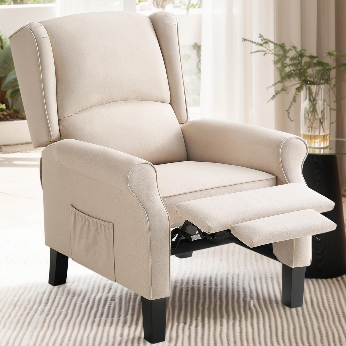 Jocisland Pushback Recliner Chair, Modern Fabric Wingback Armchair with Storage Pockets and Wood Legs, Classic Living Room Single Sofa for Small Spaces, Linen, Beige Jocisland