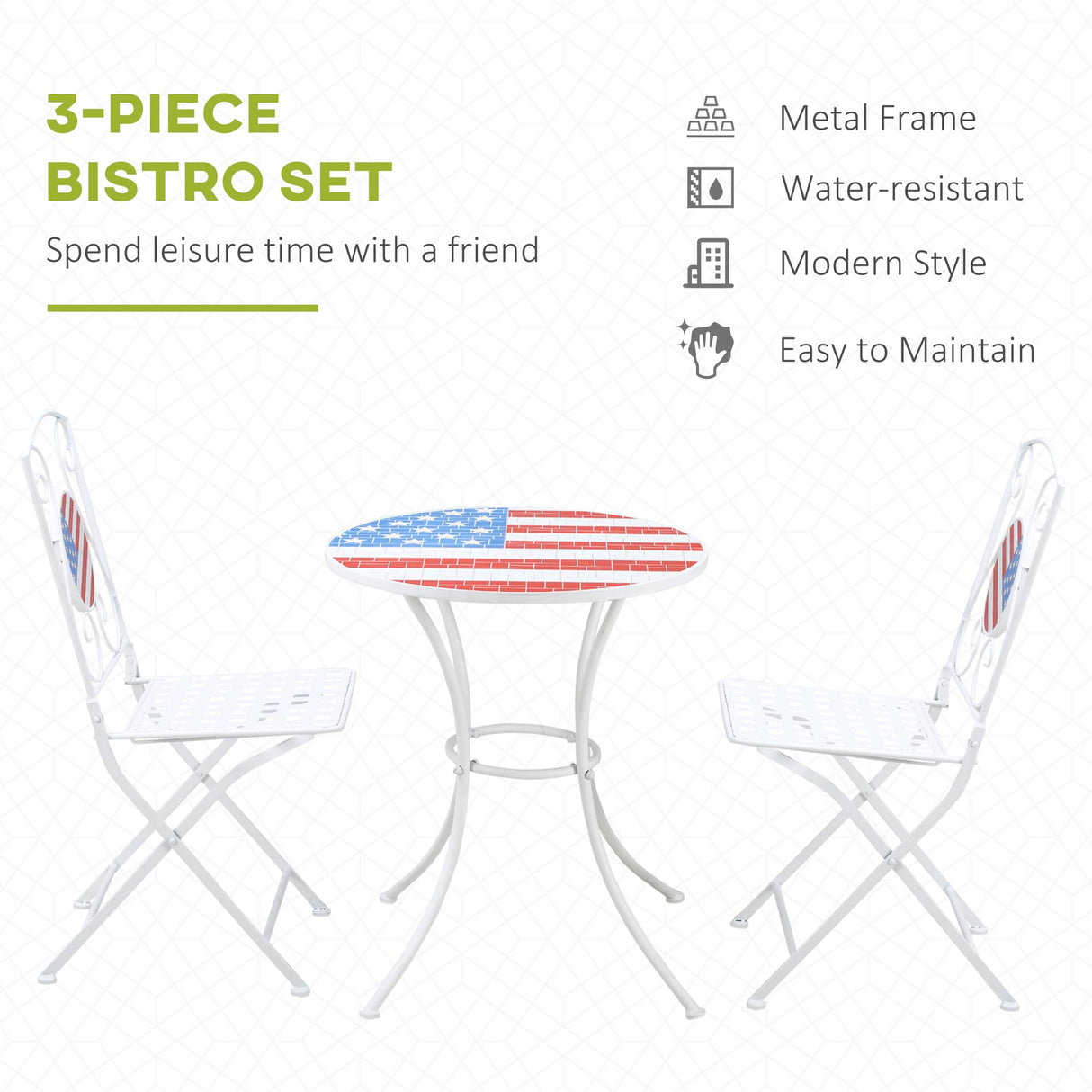 Outsunny 3 Piece Patio Bistro Set, Folding Outdoor Furniture with USA Mosaic Table and Chairs, Portable Metal Frames for 4th of July, Balcony, Backyard, Poolside, Porch, American Flag Outsunny