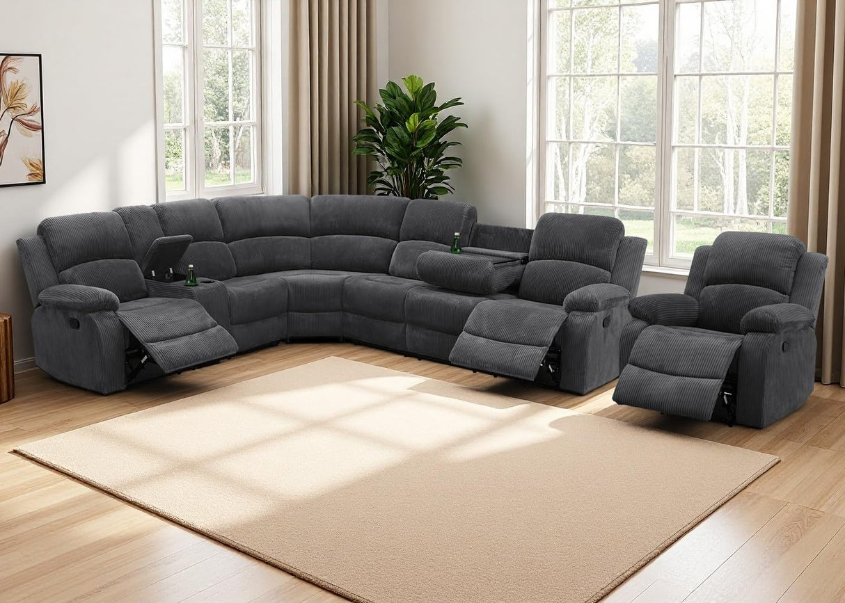 Anthato Manual Reclining Sectional Sofa Set, Living Room Furniture Sets, L-Shaped Sectional Couch & Chair, Comfy 7-Seat Corduroy Fabric Recliner Couch with Coffee Table/Cup Holders for Office, Grey Anthato