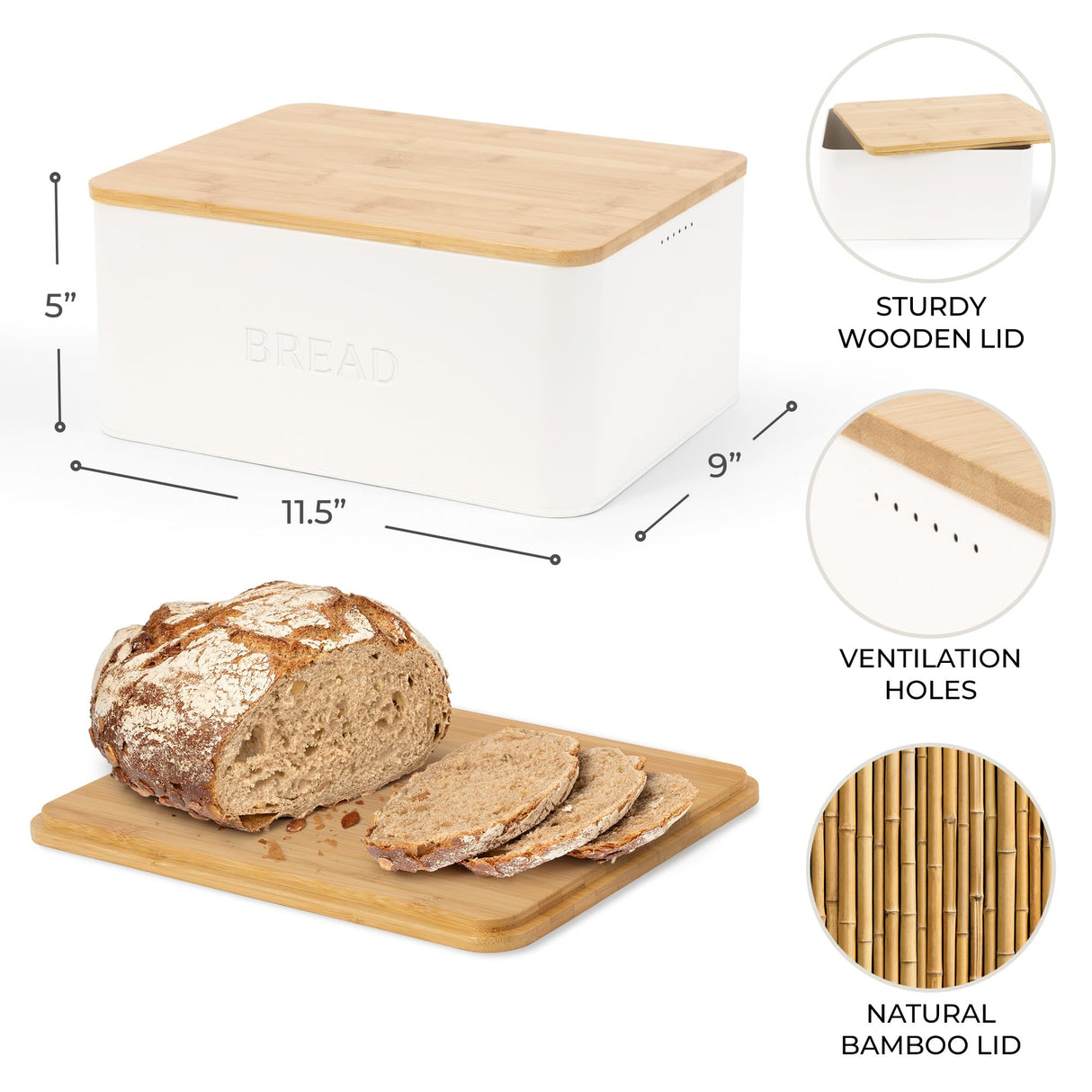 Beautiful Bread Box With Wooden Lid For Your Kitchen Countertop - Spacious Container Perfectly Stores Your Homemade Bread, English Muffins & Bagels - Quality Cutting Board Lid Keeps Your Bread Fresh ZICOTO