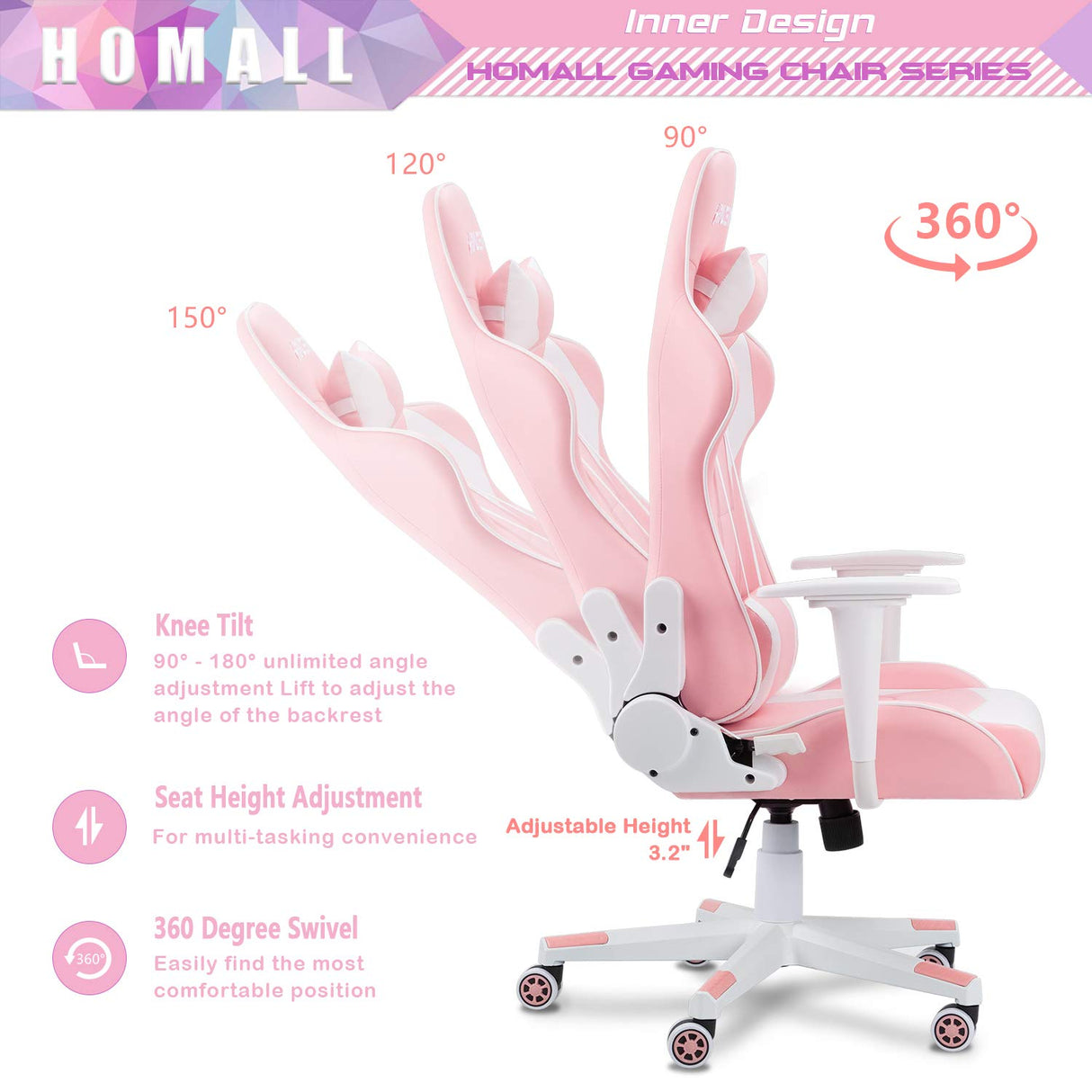 Homall Gaming Chair, Office Chair High Back Computer Chair Leather Desk Chair Racing Executive Ergonomic Adjustable Swivel Task Chair with Headrest and Lumbar Support (Pink) Homall