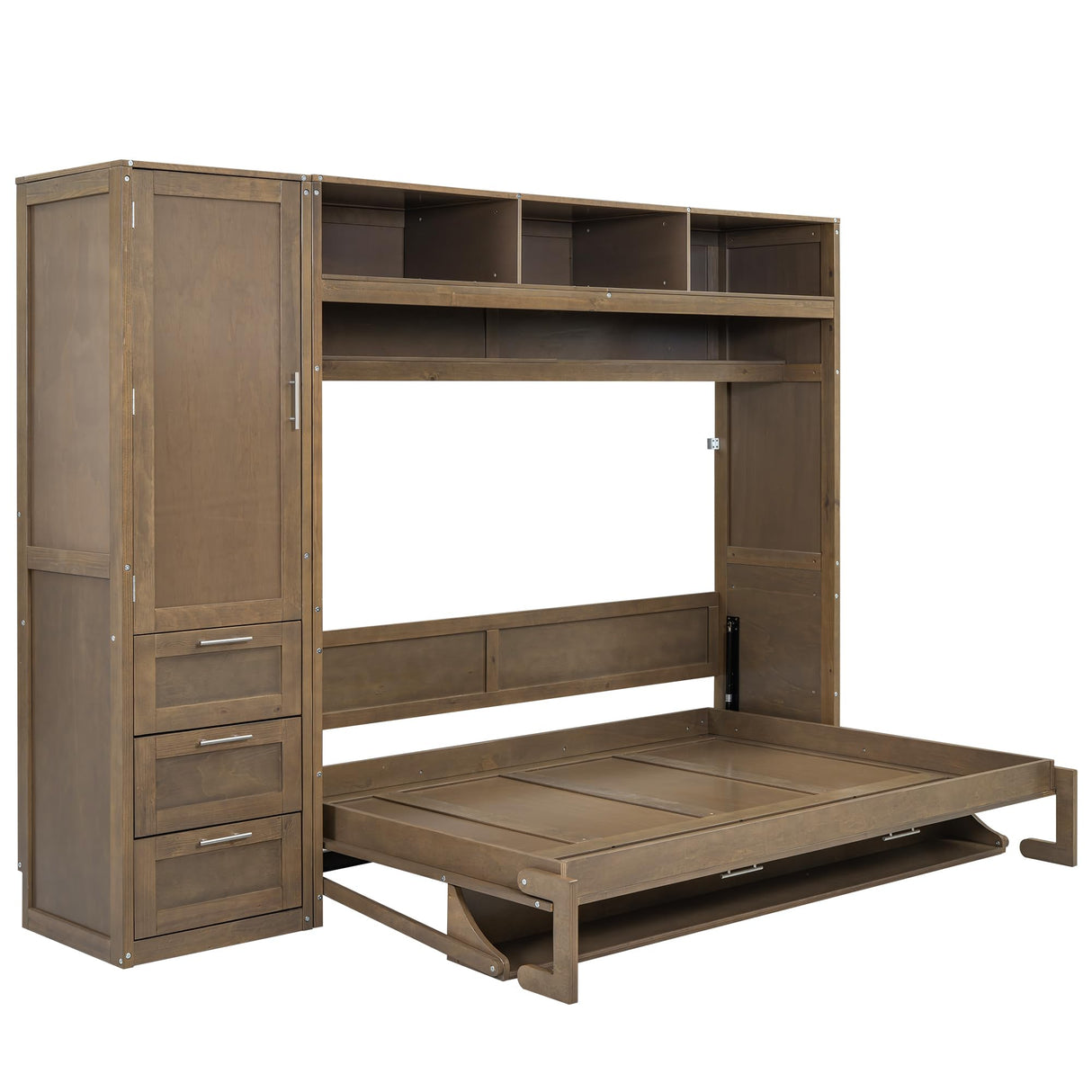 FAVSH Full Size Murphy Bed with Wardrobe, Drawers & Open Shelves,Wall Bed with Long Shelf/Desk, Space-Saving Hidden Bed, Fold-The-Way Bed for Small Rooms,Antique Wood FAVSH