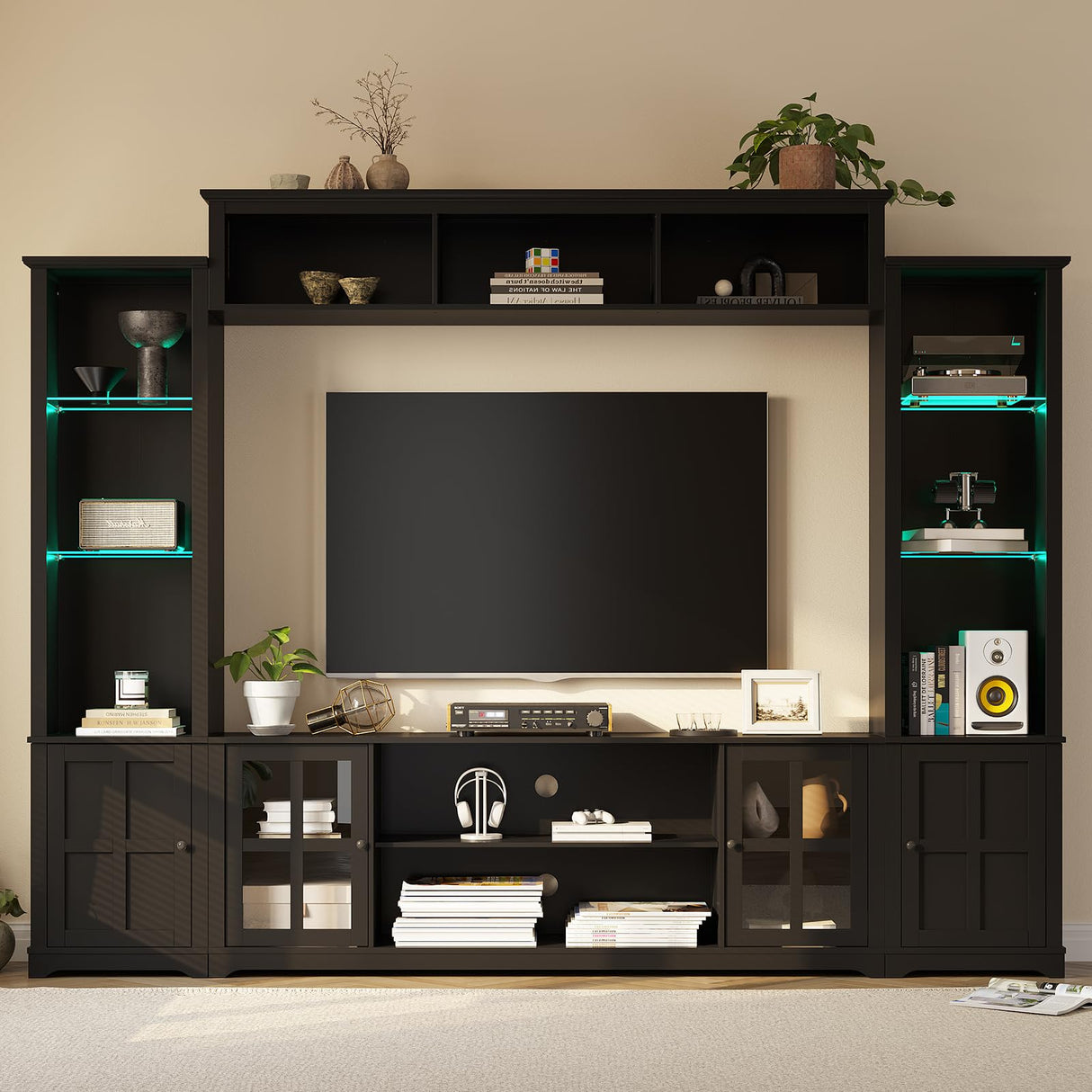 MEISSALIVVE Wall Unit TV Stand with Storage & LED Lights, Large Entertainment Center with Bookshelves for TVs up to 75", Media Console for Living Room, Black MEISSALIVVE