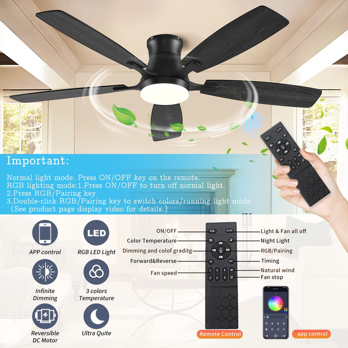 FUMLTP 54inch Ceiling fans with Lights, Low Profile RGB Ceiling fan with Light and Remote/App Control, Dimmable, DC Reversible Motor, Noiseless, 6 Speeds, Black Ceiling Fan For Bedroom Indoor Outdoor FUMLTP