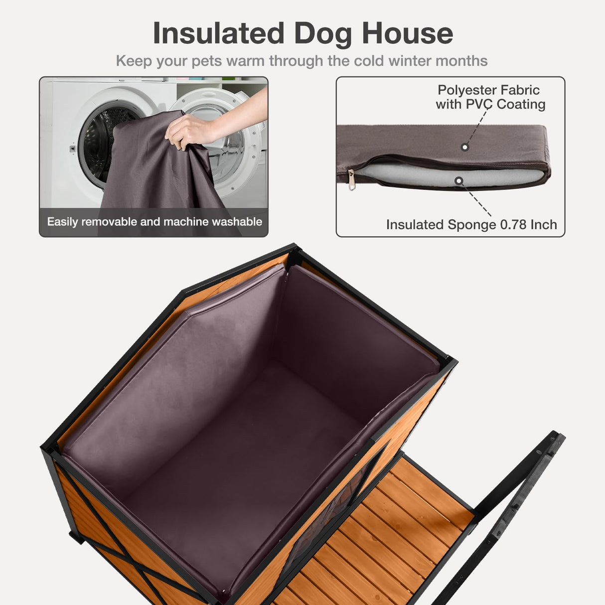 MEDEHOO Outdoor Weatherproof Dog House with Insulated - Large All-Around Iron Frame - Fir Wood Construction - Ideal for All Dog Breeds (Medium) MEDEHOO