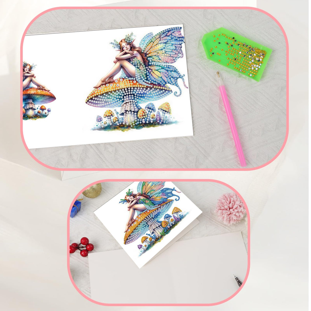 JISHSHAY 6 PCS Fairy Diamond Painting Greeting Cards Elf Diamond Art Birthday Cards with Envelopes Mushroom Gem Art Mosaic Kits for Adults, for Anniversary Valentine Thank You Graduation All Occasion JISHSHAY