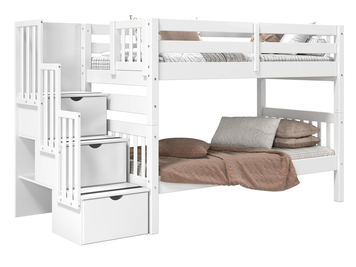 Bedz King Stairway Bunk Beds Twin over Twin with 3 Drawers in the Steps, White Bedz King