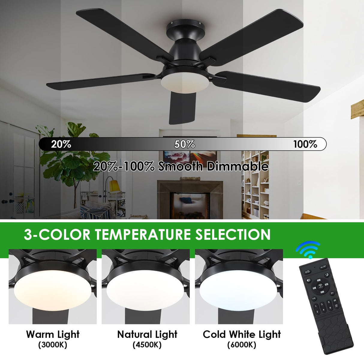 Ceiling Fans with Lights- 52" Low Profile Indoor Ceiling Fan with Light and Remote/APP Control, Flush Mount, LED Dimmable DC Reversible Modern Ceiling Fan for Bedroom(Black) Mpayel