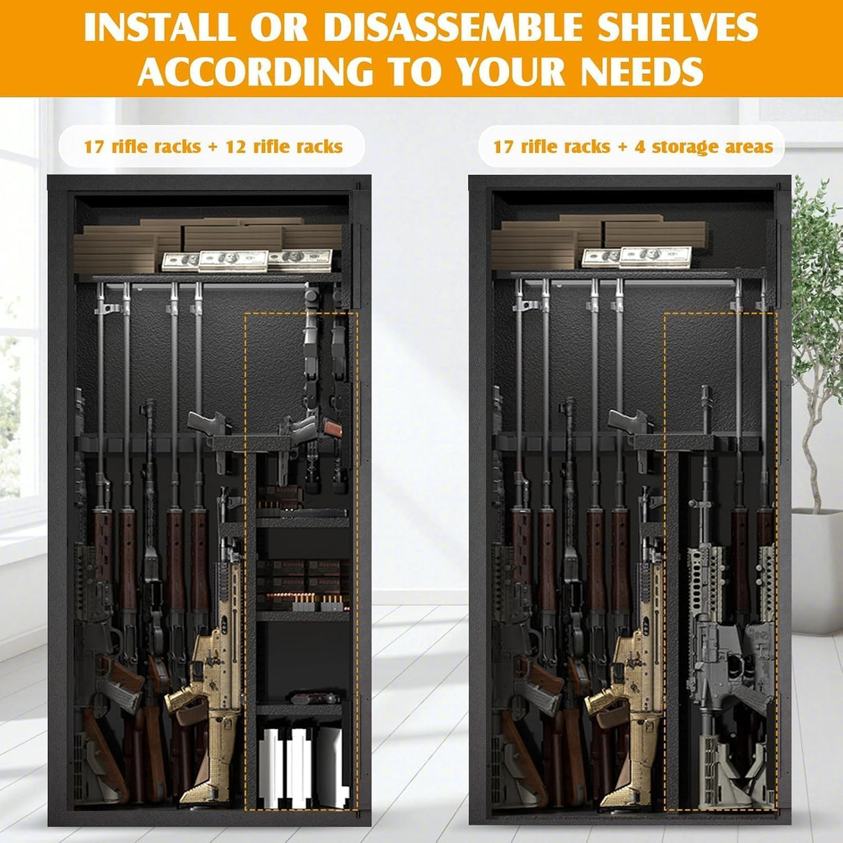 TTSITG Large Rifle Safe, 30-40 Gun Safe for Rifle and Shotgun/Rifle Pistol Rack/Storage Pocket/Removable Shelf/Silent Mode/External Battery/LED,180° Open Door Panel Organizer Gun Safe Unassembled TTSITG