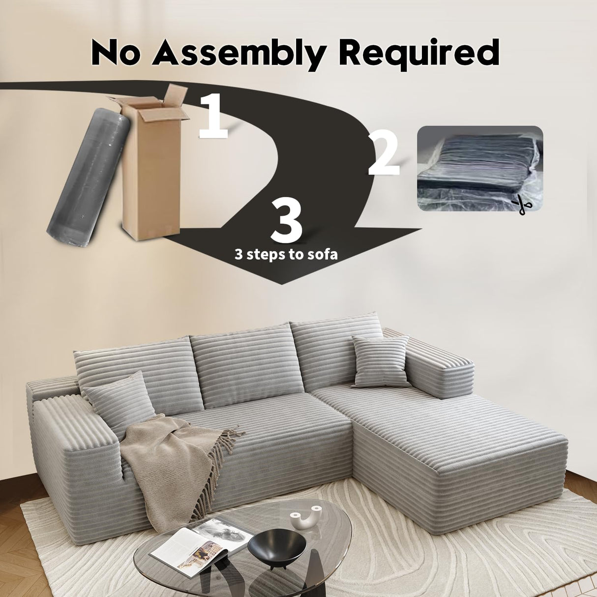 107.5" Cloud Sectional Couch with L-Shape Chaise,Modern Modular Sofa with Deep Seat, Upholstered Couches for Living Room Bedroom Apartments,No Assembly Required, (Grey,Right Facing Chaise) Astronovo