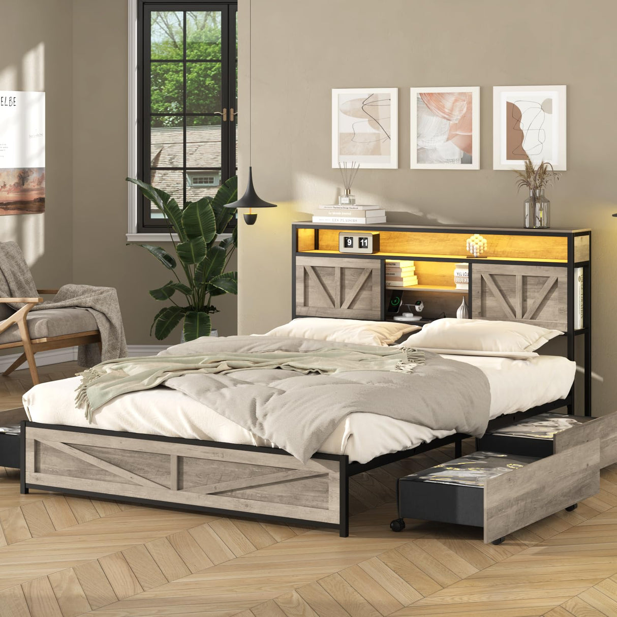 Halitaa Queen Size Bed Frame with LED Light and Charging Station, Featuring 4 Storage Drawers and Headboard Shelves in Wash Grey Halitaa