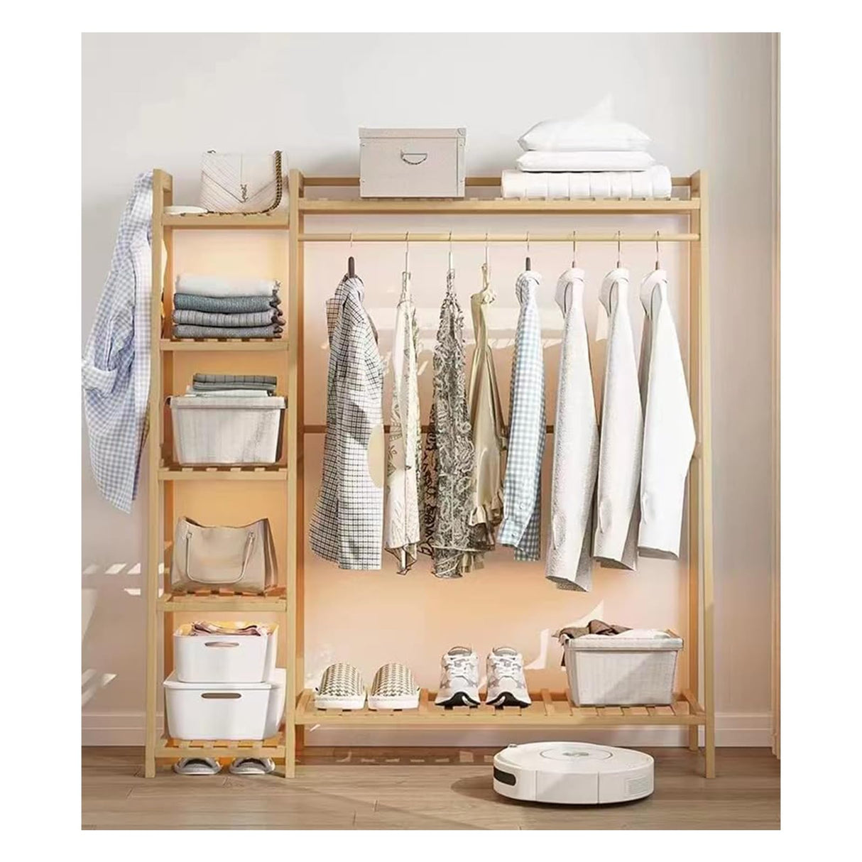 Baveke Bamboo Clothing Garment Rack 7 Tier Storage Shelf Coat Clothes Hanging Rack, Portable Wardrobe Closet Organizer With Top Shelf, Shoe Storage Shelves for Bedroom (Natural - 51.2 in) Baveke