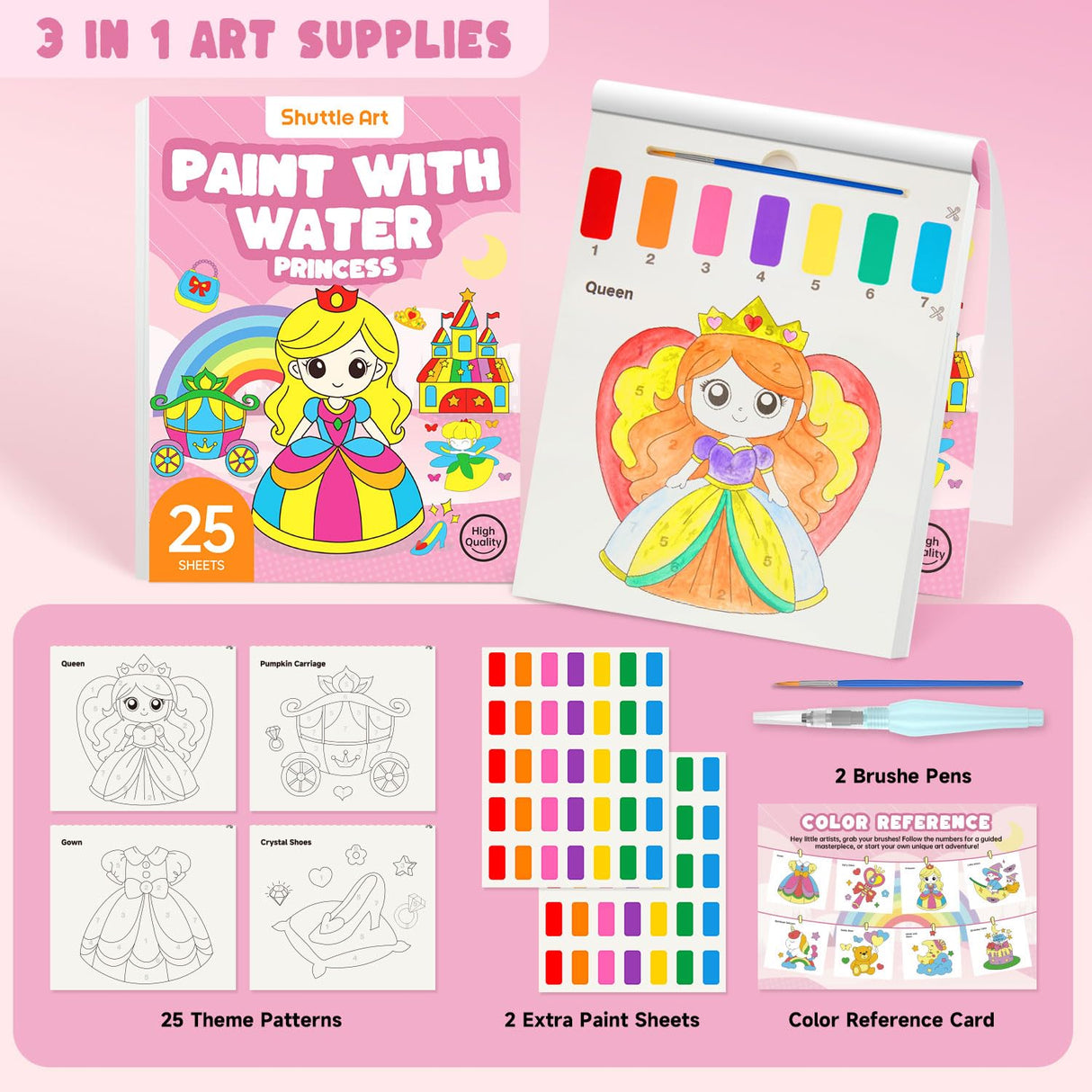 Shuttle Art Paint with Water Coloring Book for Kids, 25 Princess Themed Pages with 2 Brushes, Mess-Free Watercolor Paint Set, Travel-Friendly Art Craft Gift for Toddlers, Birthday Christmas Gift Shuttle Art